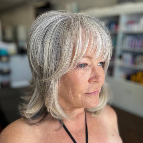 60+ Mid Length Gray Flipped Up Shag with Bangs