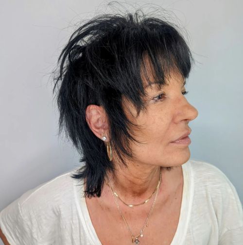 Messy Black Mullet Shag with Flyaways