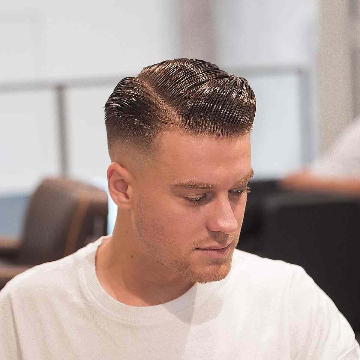 Glossy Slicked-Back Pompadour Fade for Men