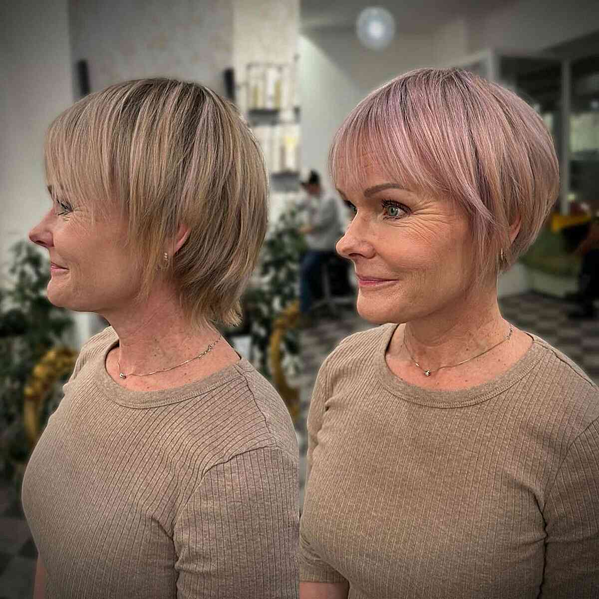 Sleek Layered Bixie Cut with Wispy Bangs on Women Over 50