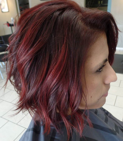 Brown Wavy Bob With Burgundy Highlights