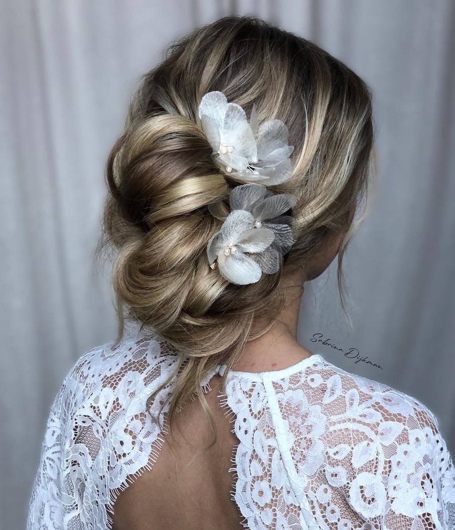 Bridal Messy Bun with Silk Flowers