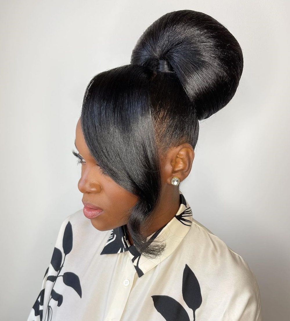 Shiny Black Bun for Relaxed Hair