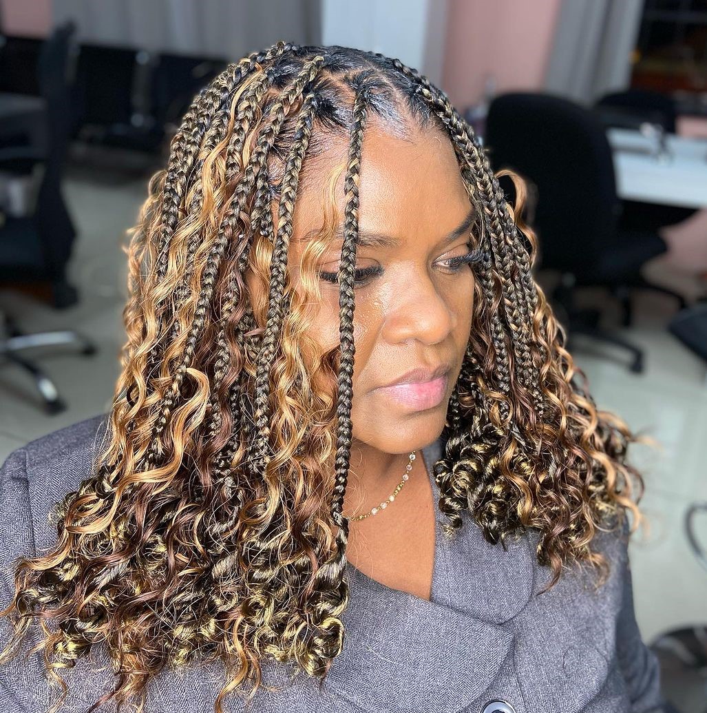 Long Braided Bob with Curls and Caramel Highlights