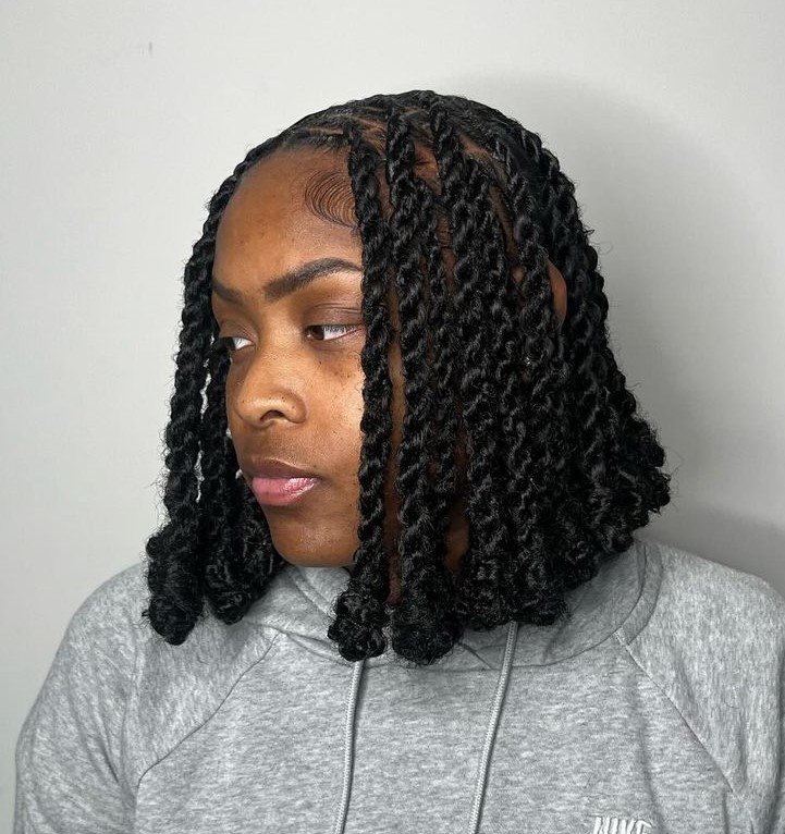 Shoulder Length Twists with Knots on Ends