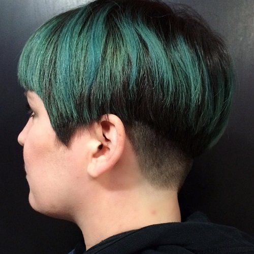 Brunette Bowl Cut With Green Balayage