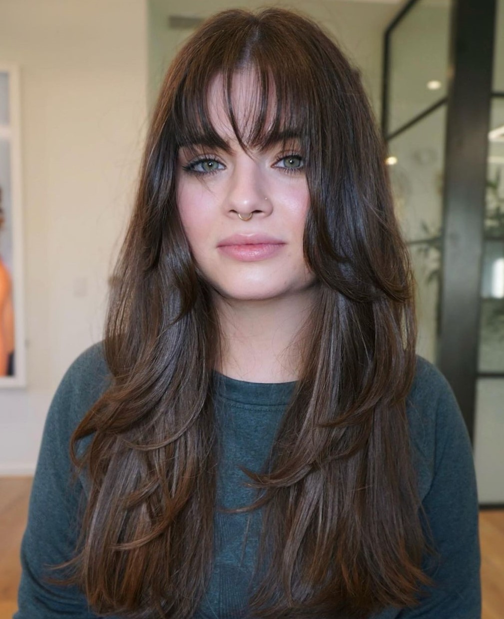 Chocolate Brown Layered Locks and Bangs