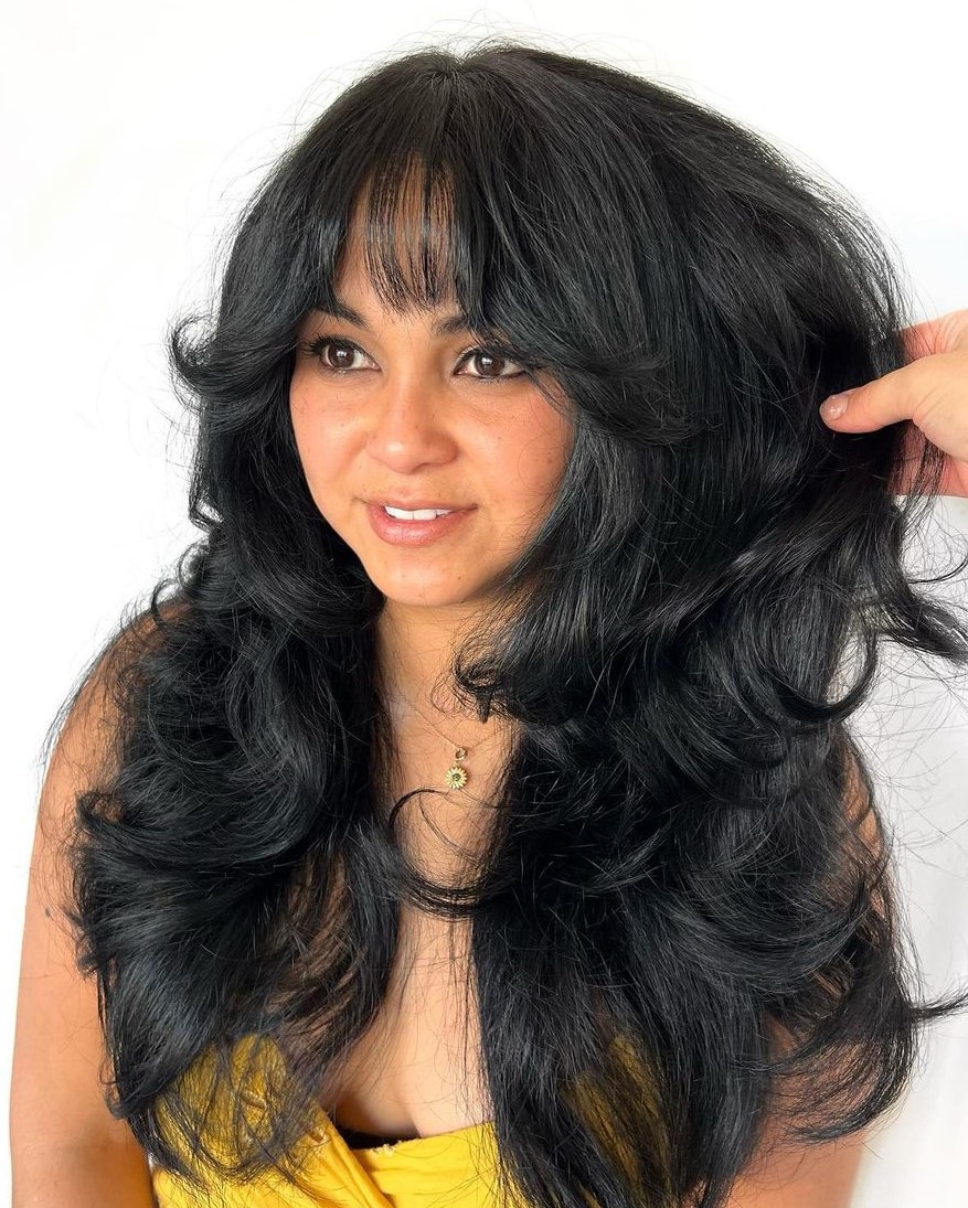 Voluminous Long Layered Hair with Bangs