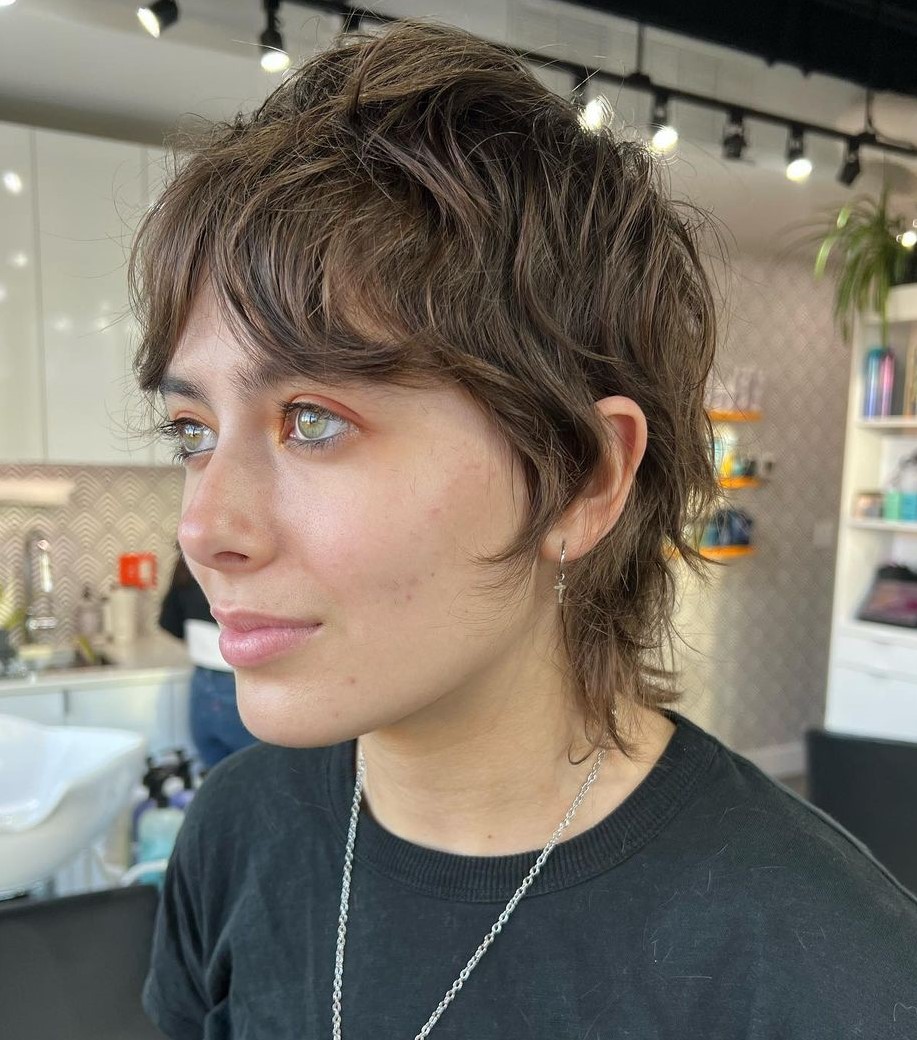 Short Wavy Mullet with Curtain Bangs