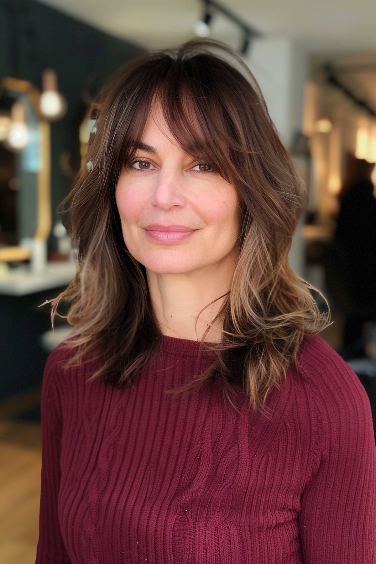 Shoulder-length layered choppy kitty cut with fringe on a woman