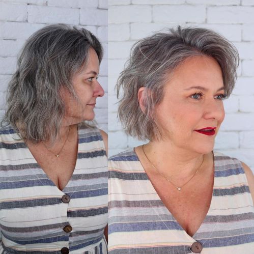 60+ Gray Brown Bob for Fine Hair