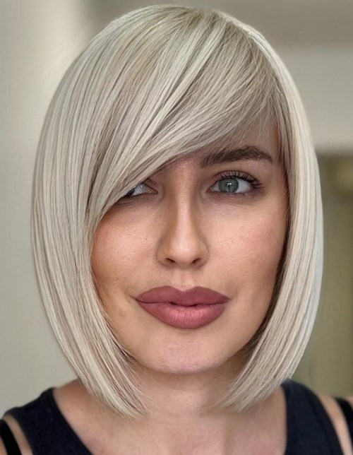 Sleek White Blonde Bob with Side Bangs