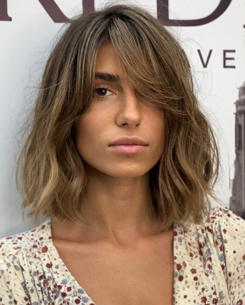 Wavy Long Bob with Side Part Curtain Bangs