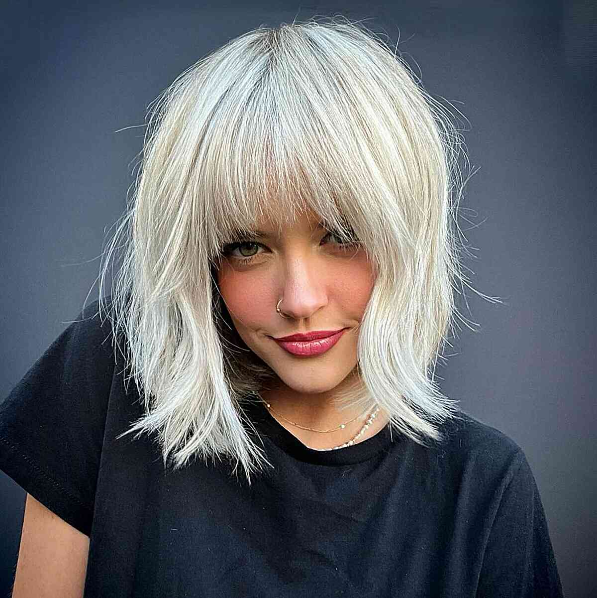 Pretty Pale Blonde Lob with Fringe