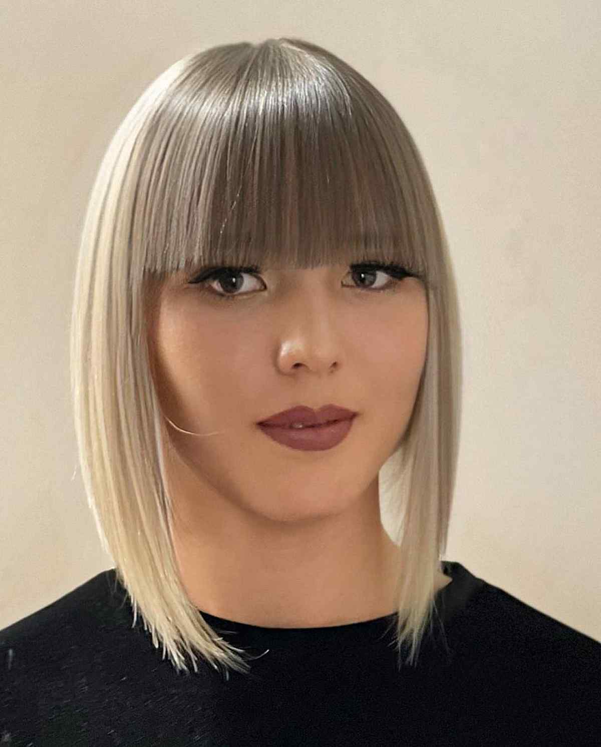 Elegant A-Line Long Bob Cut with Blunt Fringe