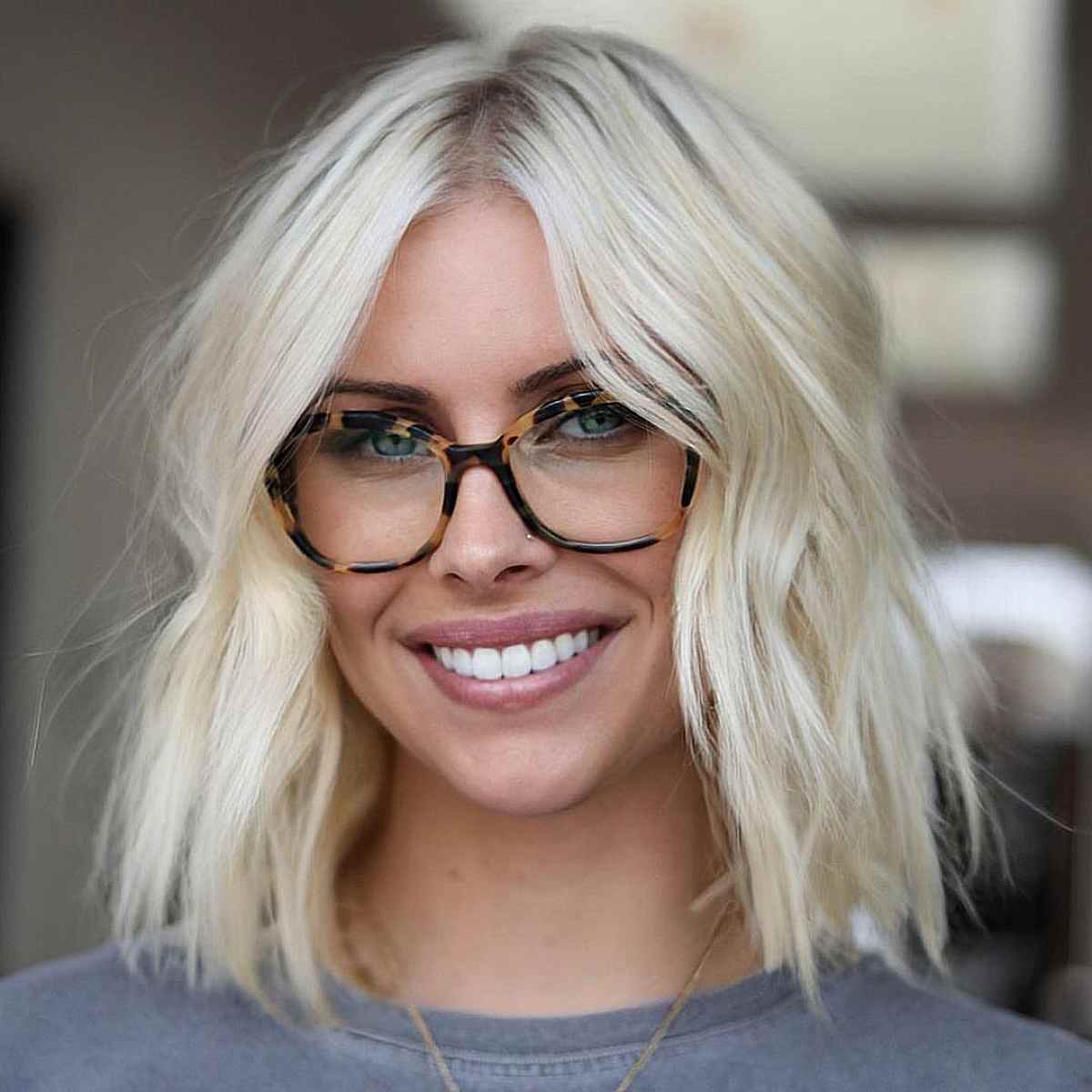 Platinum Choppy Lob with No Bangs