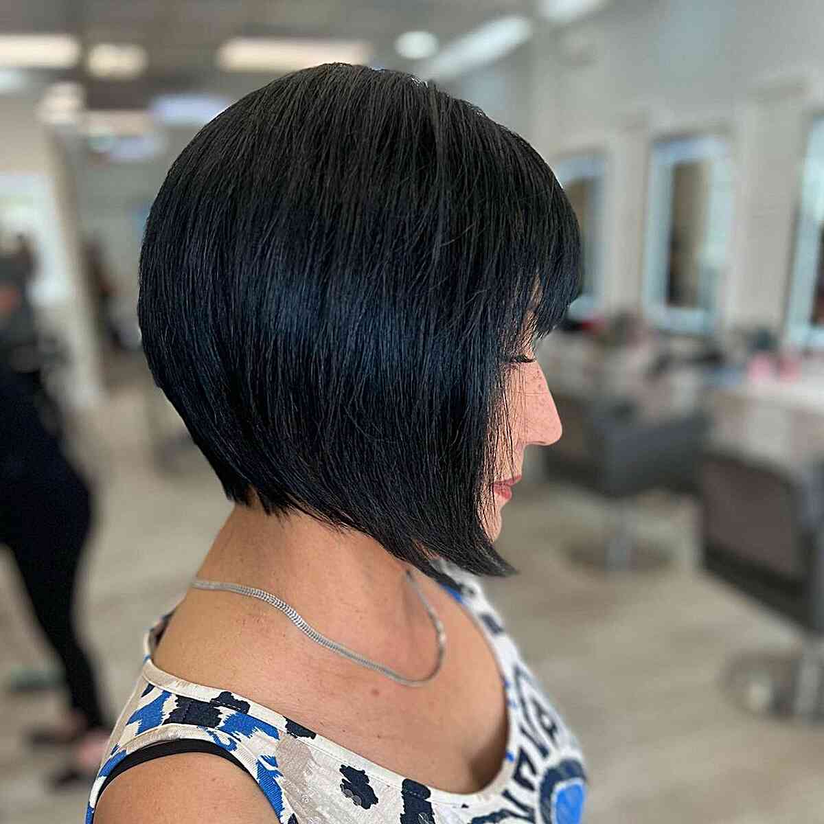 Jet Black Layered Bob with Fringe for women with short hair