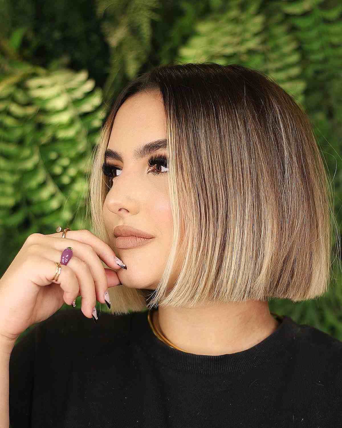 Short And Blunt Cut Bob with Dark Roots