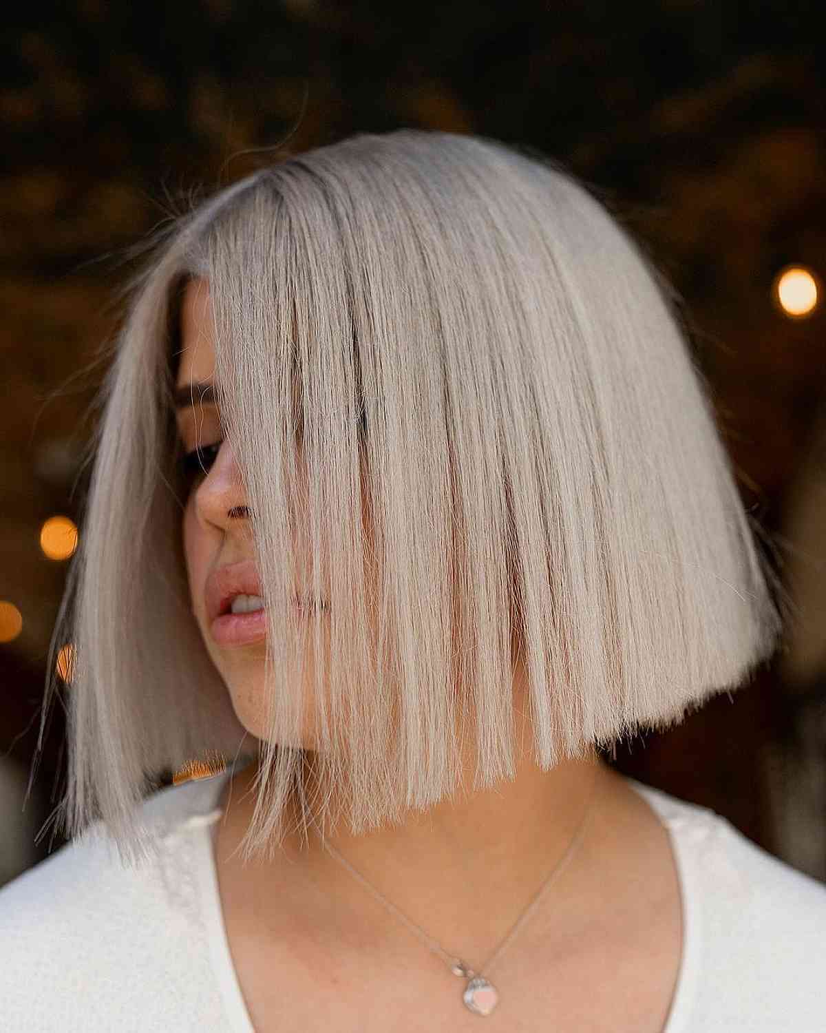 Short Platinum One-Length Blonde Blunt Bob