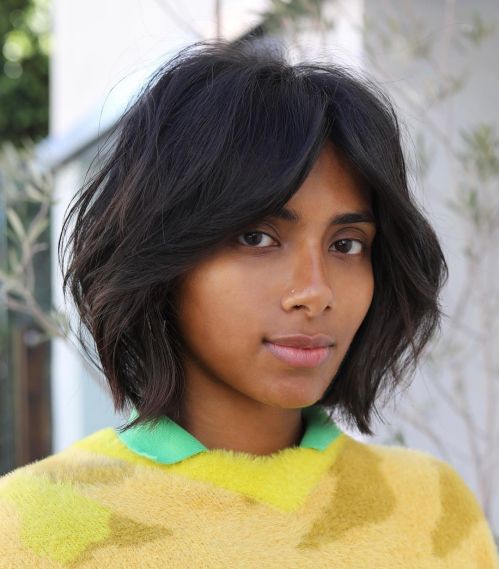 Black Bob Shag with Curtain Bangs