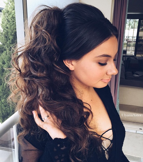 Long Curly Side Ponytail With A Bouffant