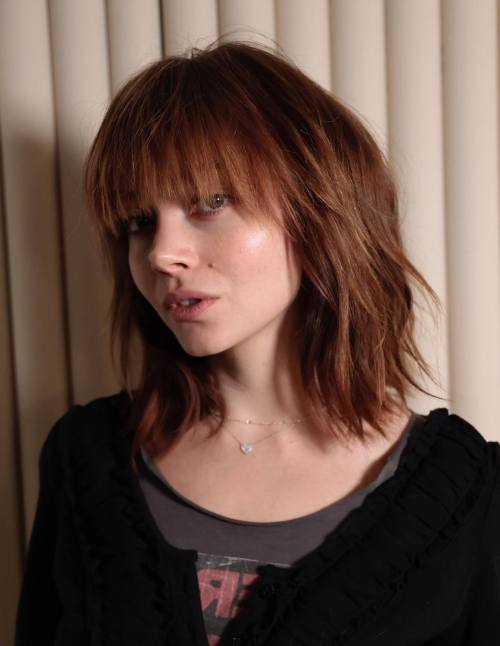 Edgy Jaggy Chestnut Brown Lob with Bangs