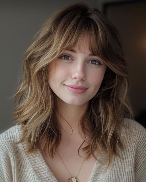 Shoulder Length Wavy Shag with Bangs