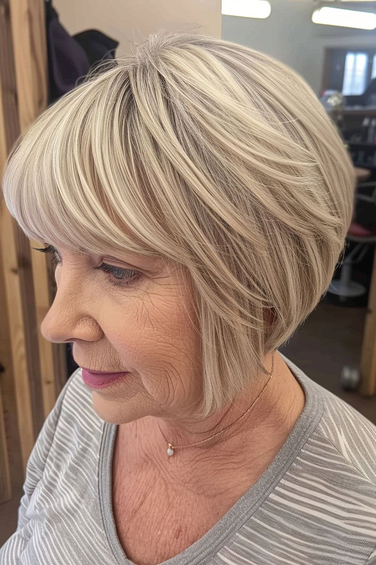 The edgy wedge haircut with bangs on a female over 60