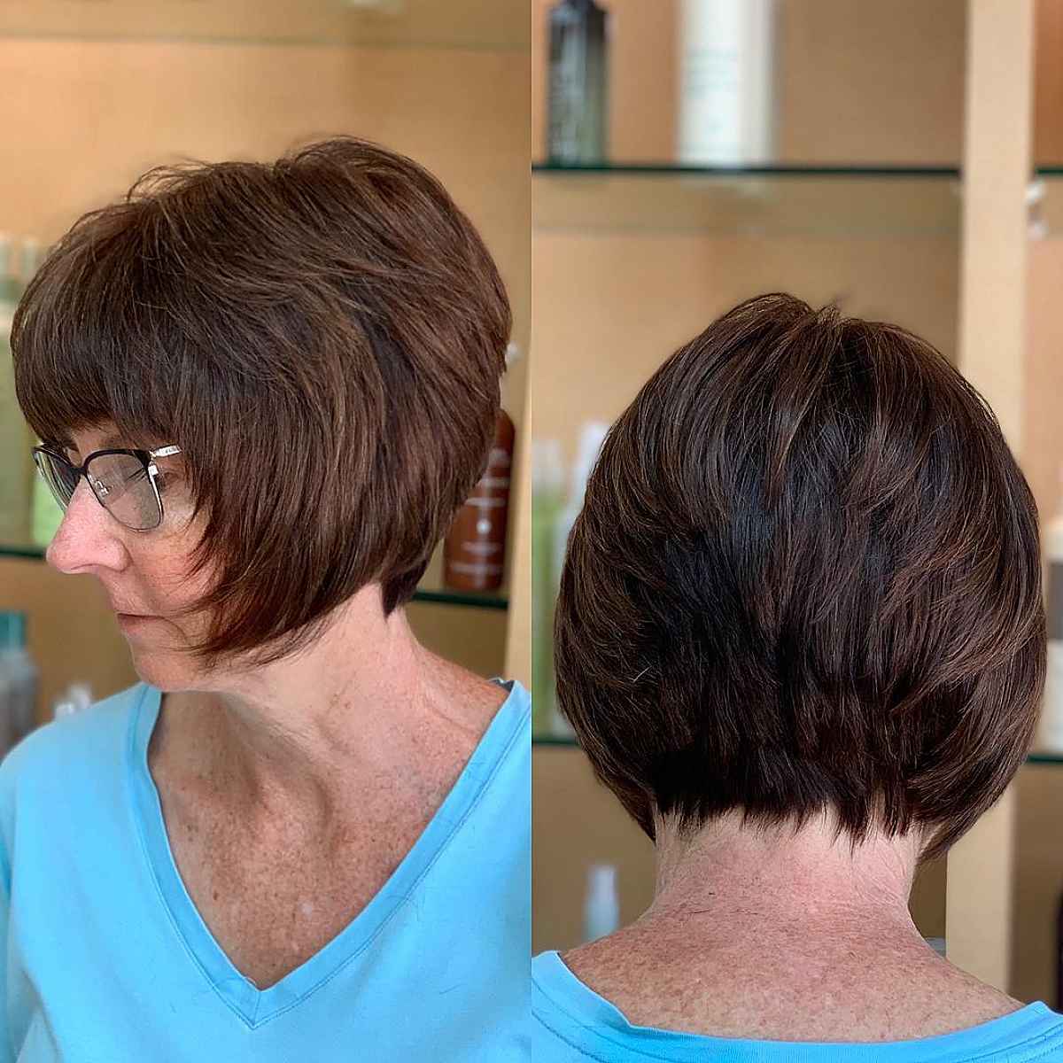 A lady over 60 with a sassy wedge hairstyle