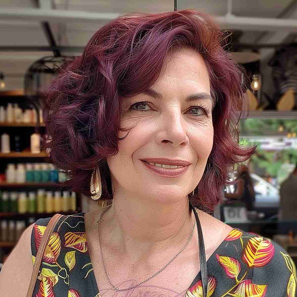 Mahogany wavy bob short hairstyle for women over 50