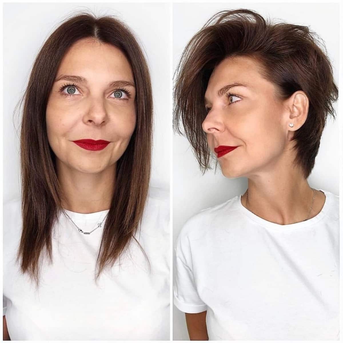 Simple Dark brown lived-in pixie cut for women over 50