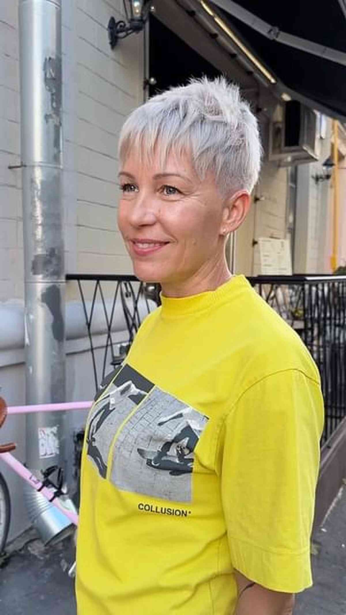 Alluring White Pixie Cut with Fringe for 50-Year-Olds