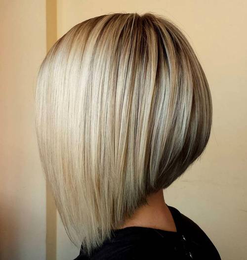 angled blonde bob with lowlights