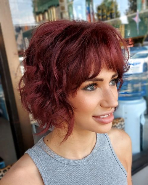 Chin Length Tousled Wavy Burgundy Bob