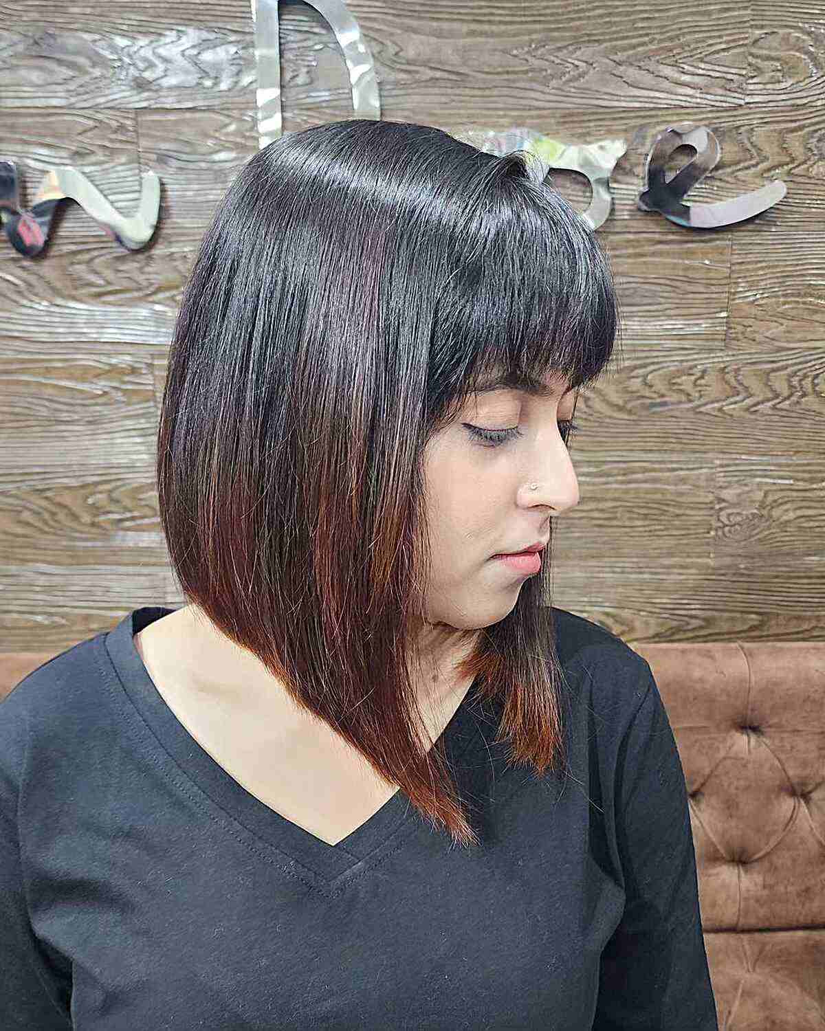 Dark Angled A-Line Long Bob with Subtle Highlights