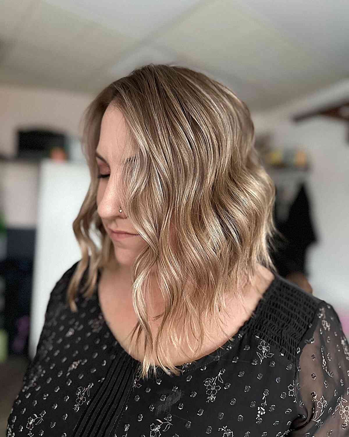 Bronde Hair with Long A-Line Choppy Bob Cut