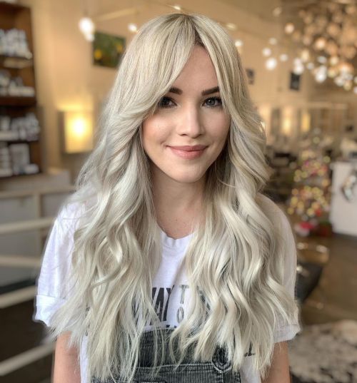 Long Blonde Hairstyle with Beach Waves and Bangs