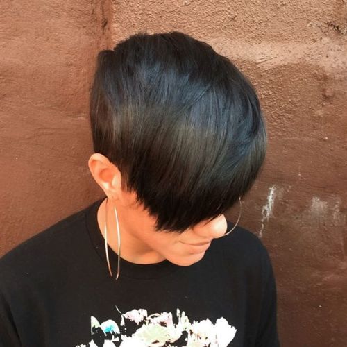 black pixie haircut with bangs