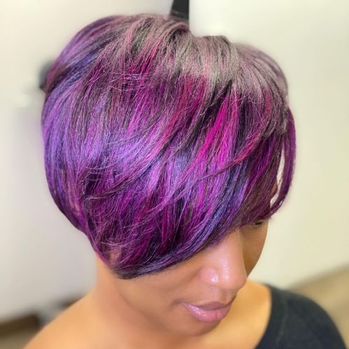 Relaxed Hair Long Pixie Cut with Purple Balayage