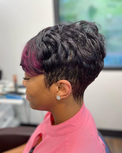 Black Pixie with Colored Bangs High Crown and Trimmed Nape