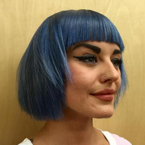 Blue Layered Bob With Blunt Bangs