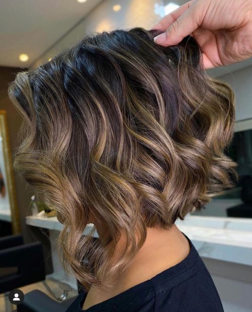 Curled Bronze Brown Angled Bob