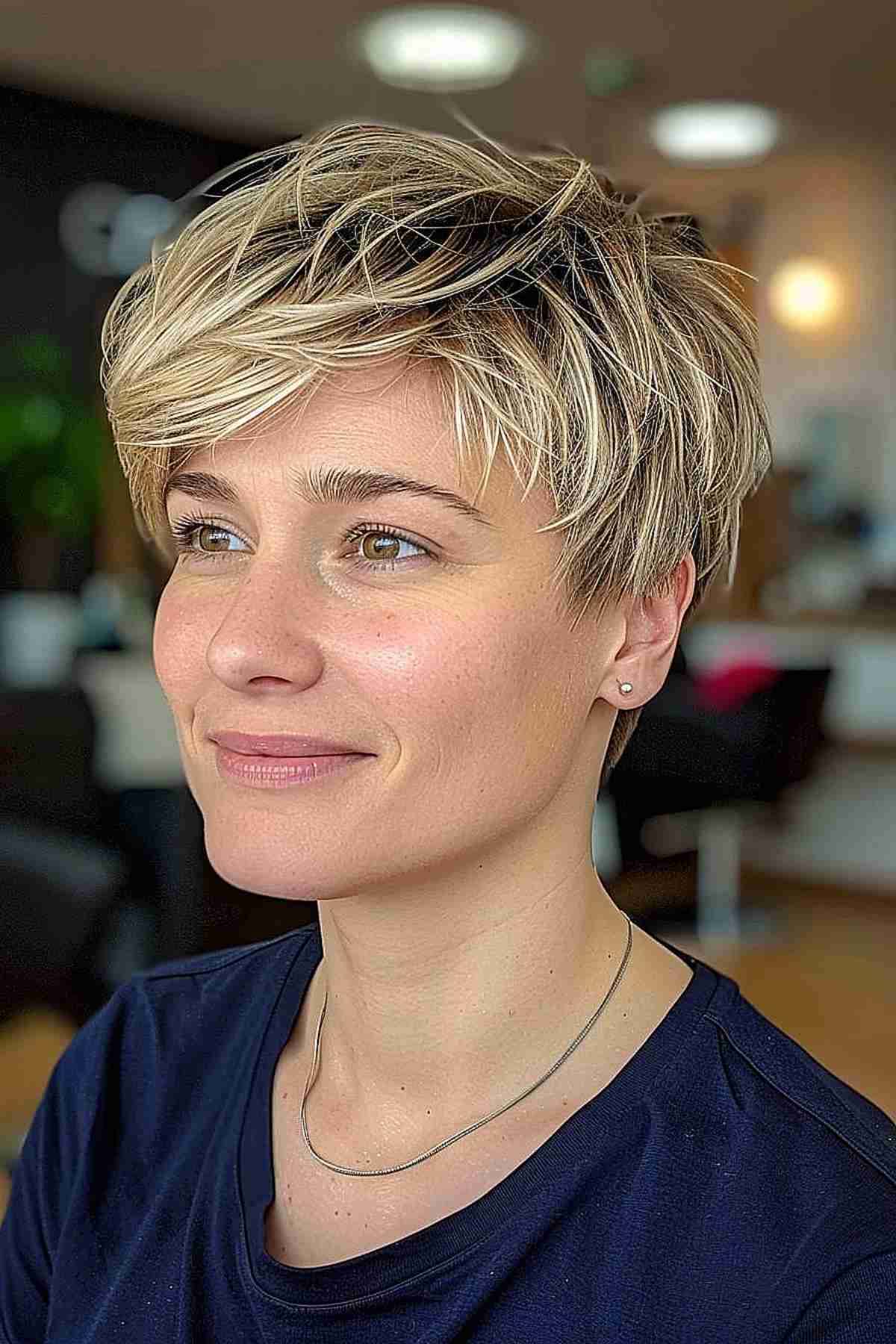 Dark Blonde Textured Pixie Hairstyle for an oval face shape, showing layered volume and color depth