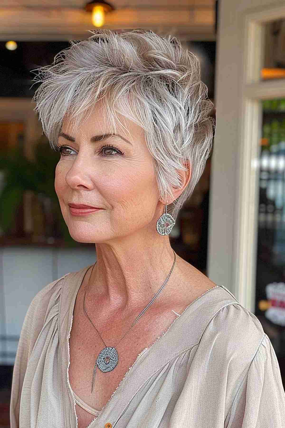 Platinum Textured Choppy Pixie Cut for Elegant Mature Women