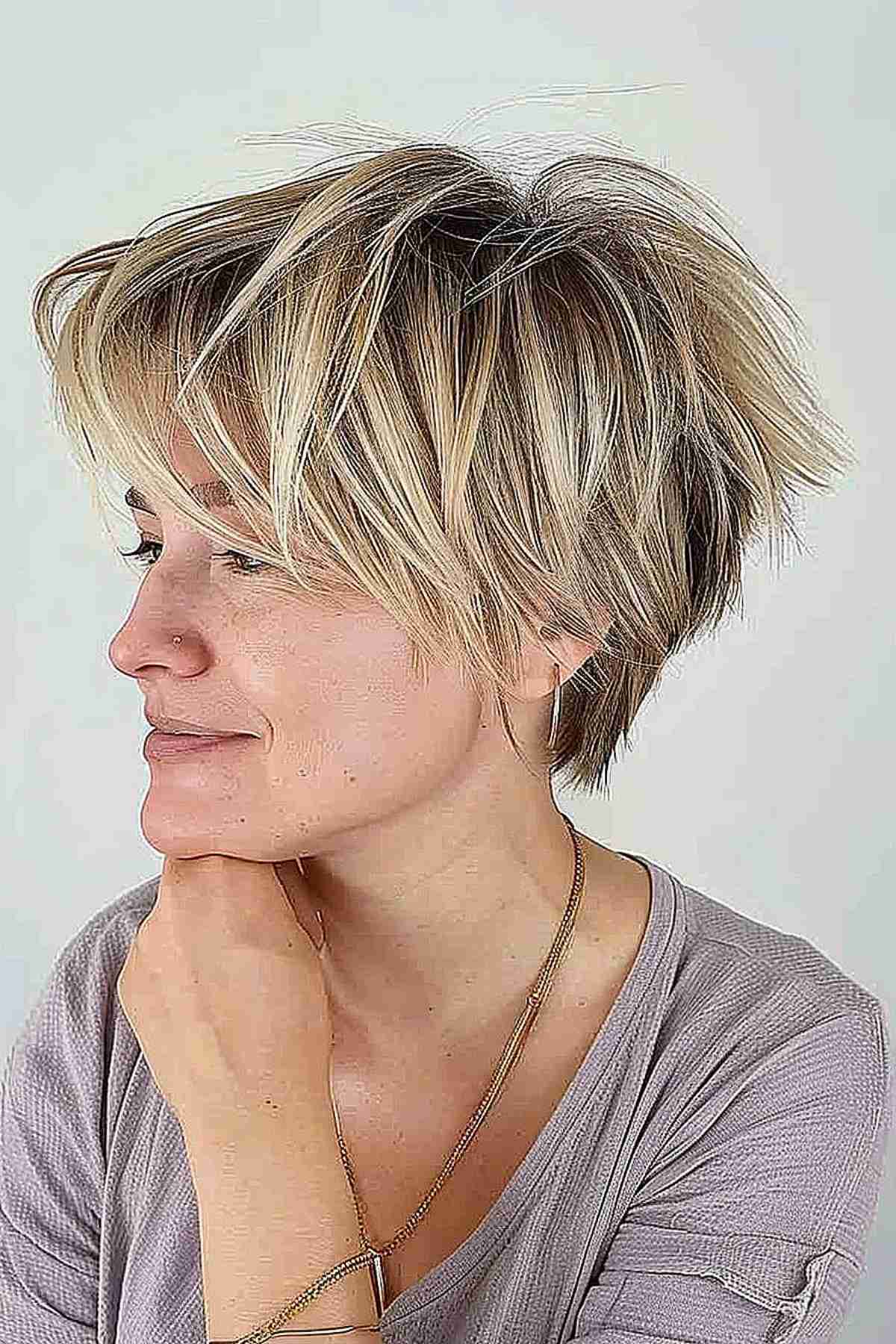 Platinum blonde choppy pixie cut with dark roots for fine hair