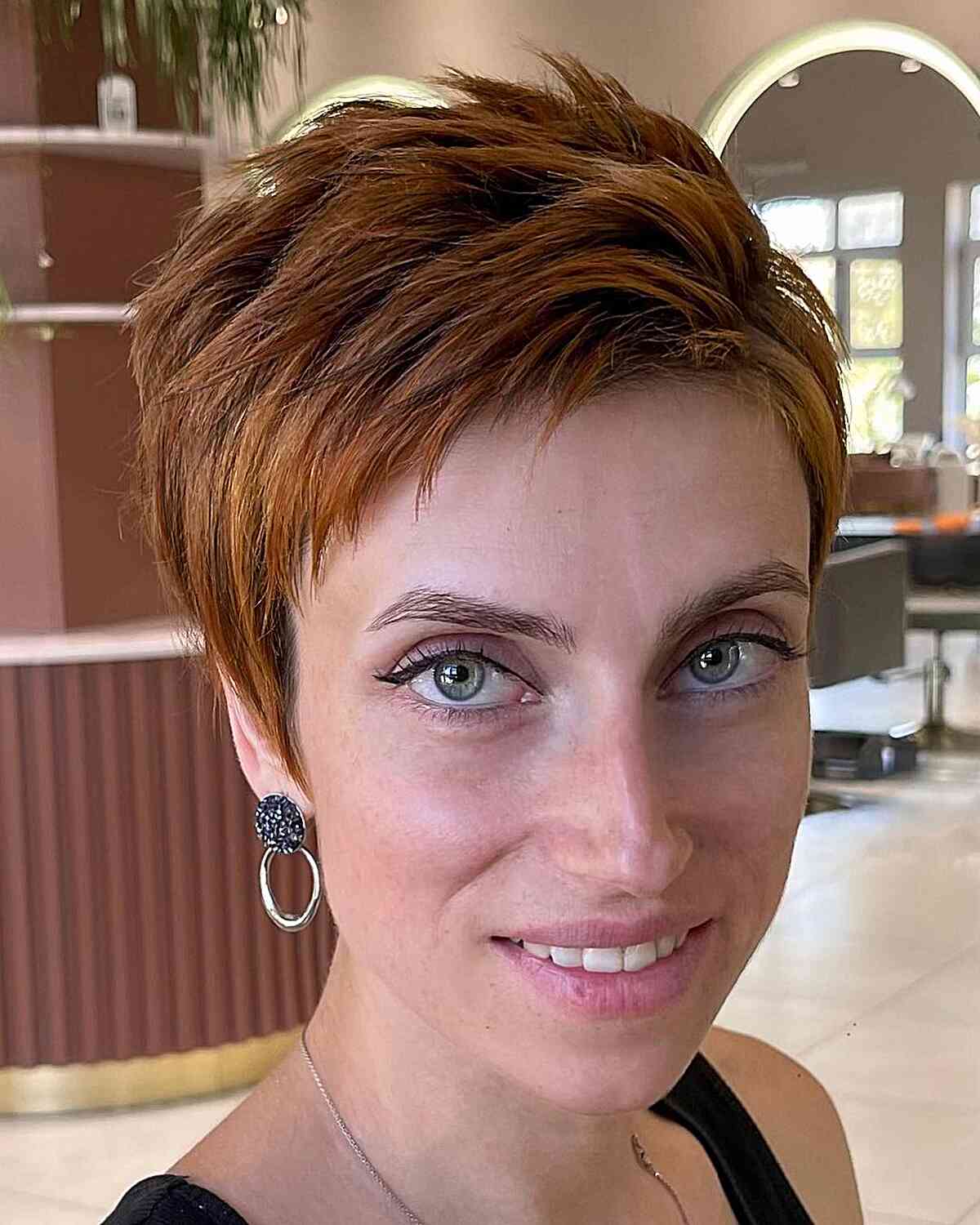 Choppy Dark Copper Swept Pixie Cut for girls with short hair