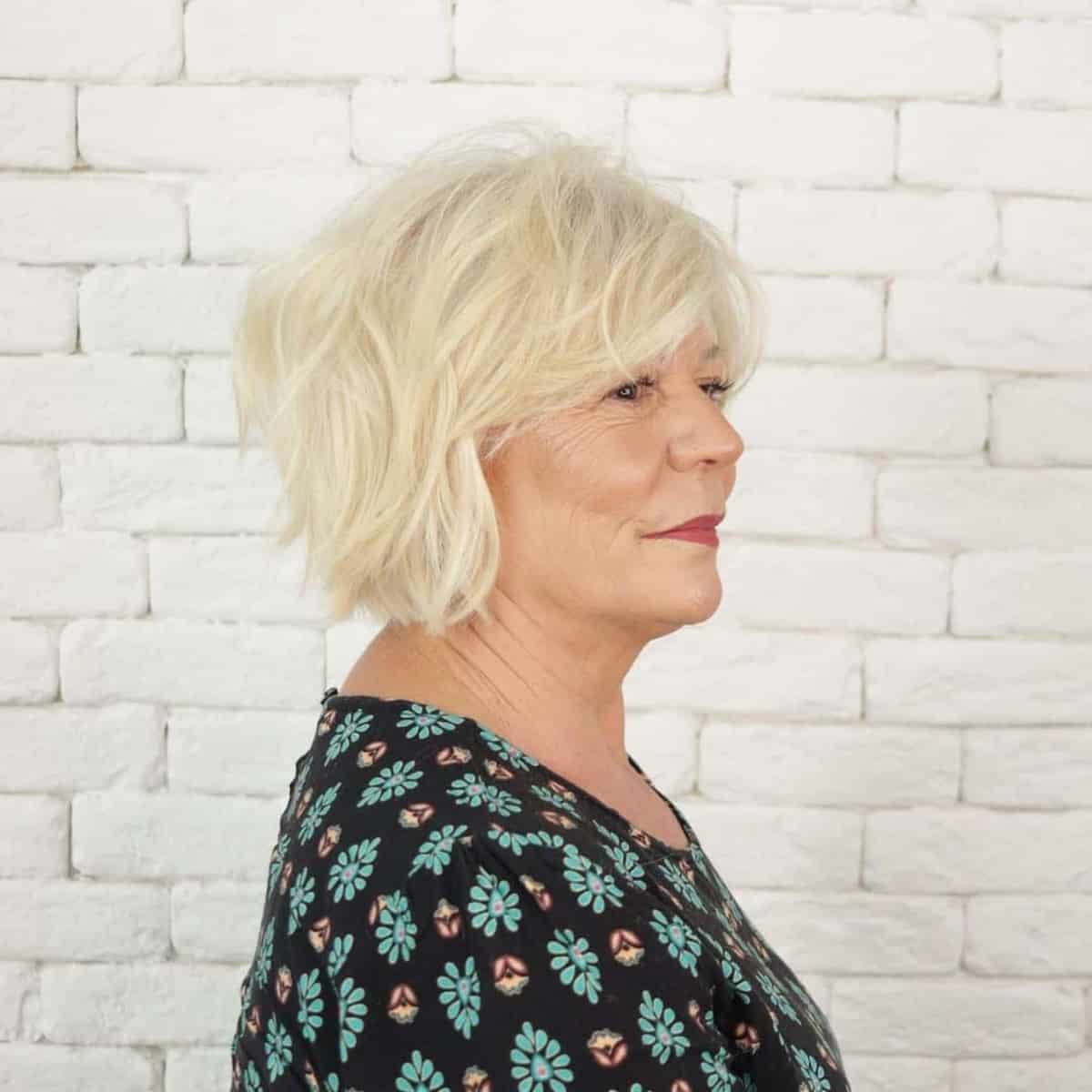 messy short shaggy bob for older women