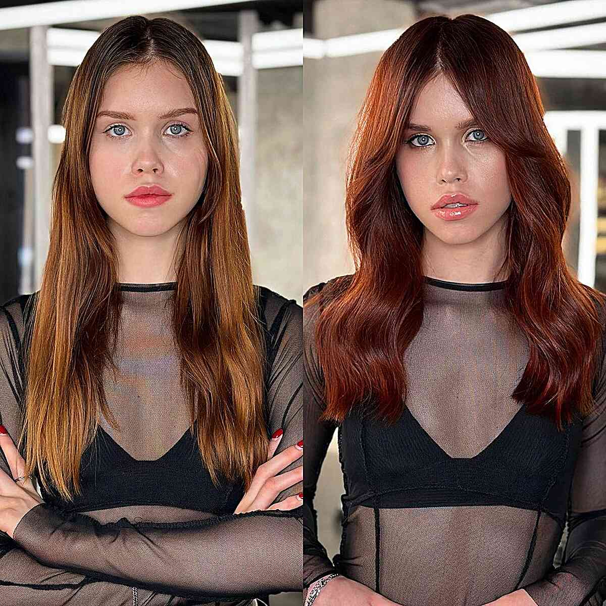 Medium to Long Hair with Deep Auburn Tones and Soft Curtain Bangs