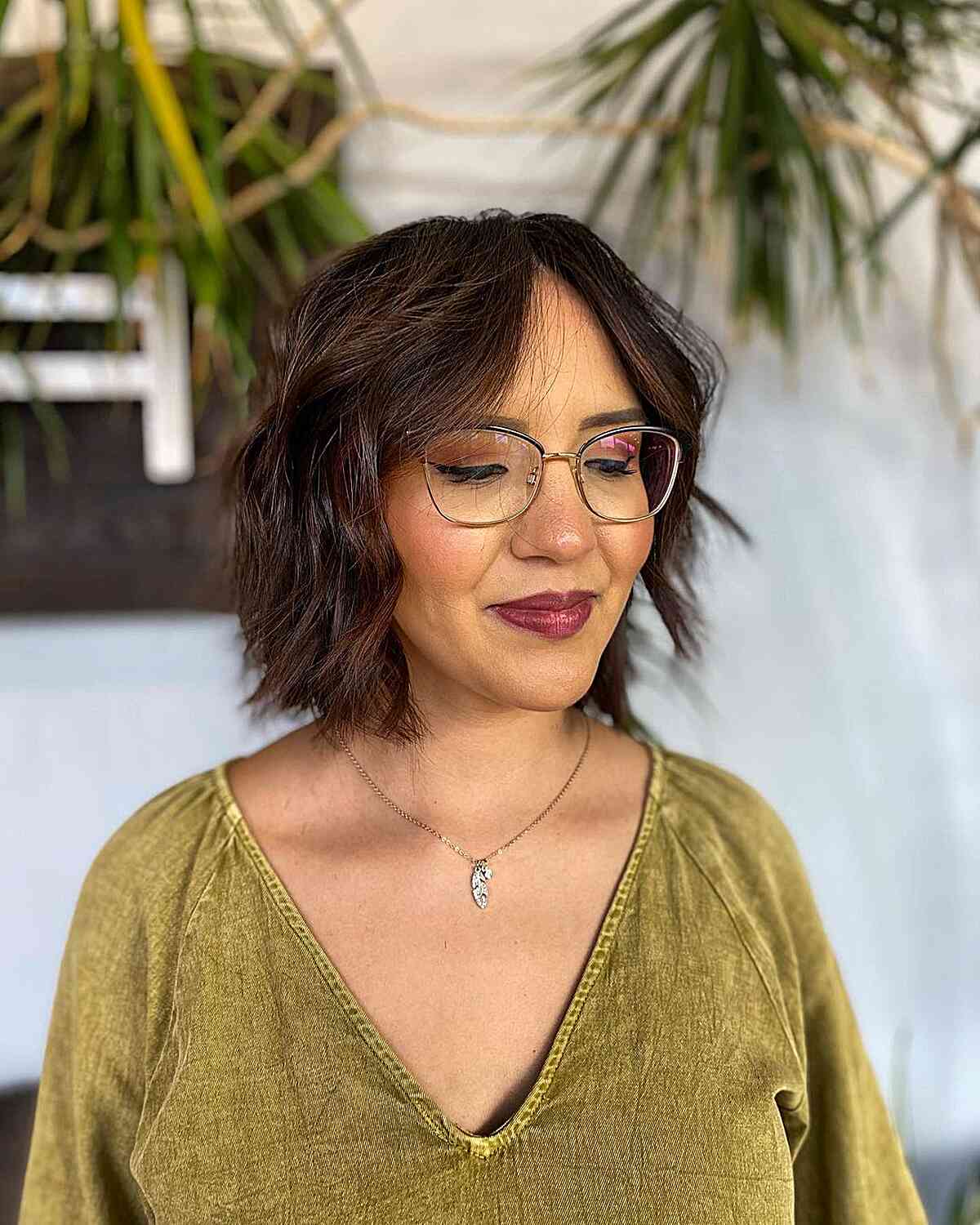 Short Textured bob with Soft Curtain Fringe on women who wear eyeglasses