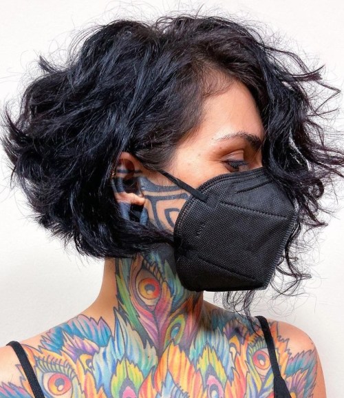 Black Asymmetrical Bob with Messy Curls